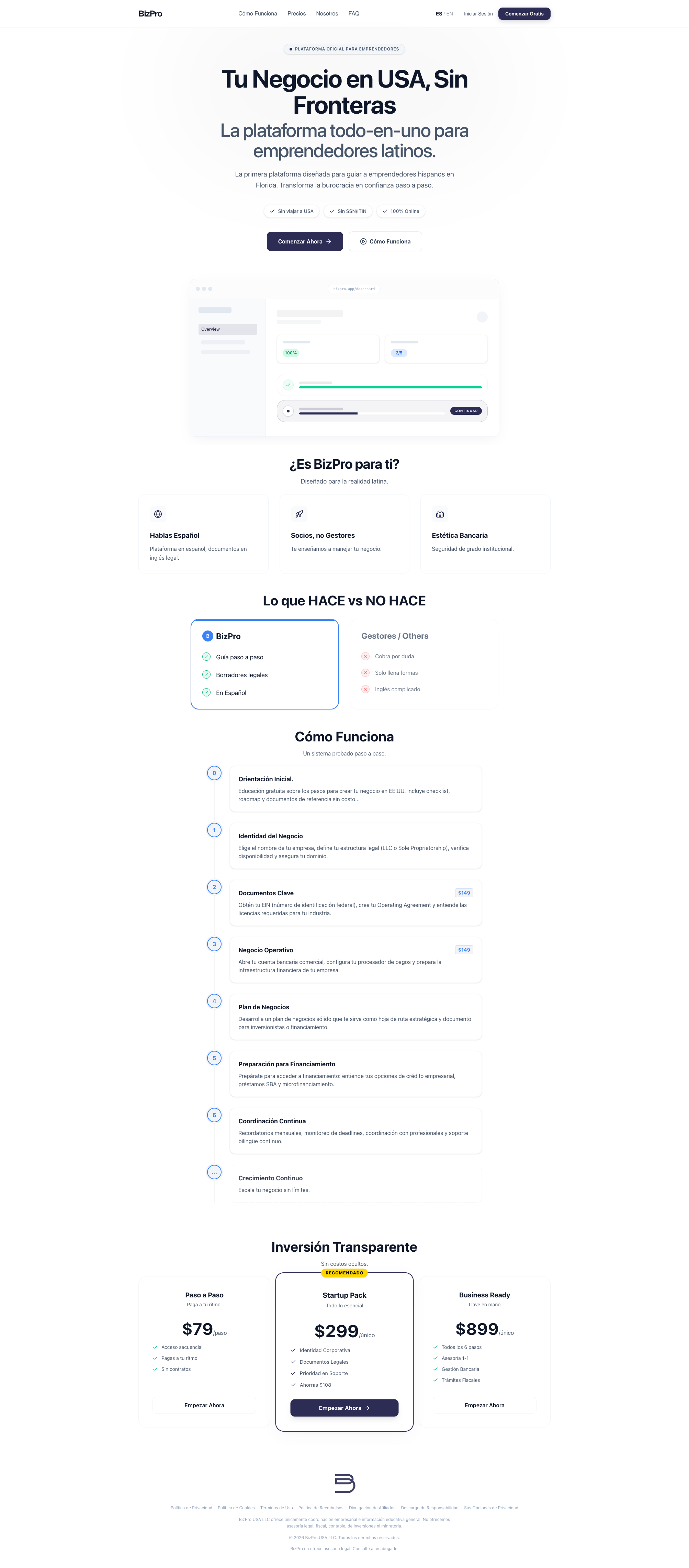 Vista completa de la página de inicio de BizPro